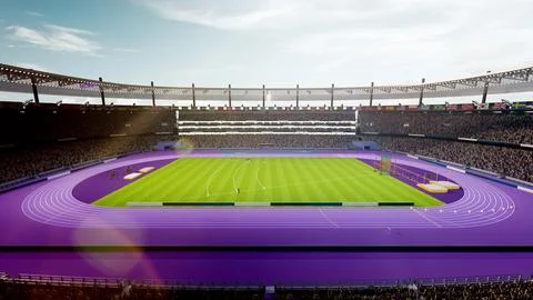 Sunlit open air stadium during sports event. Spectator areas and competition Stock-Illustration