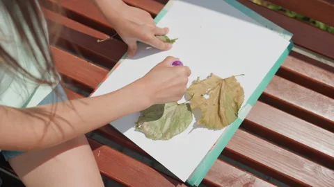 Sunlit outdoor setting with child making leaf artwork. Engaged child arranging Stock Footage 346202672