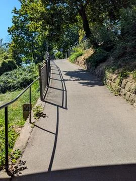 Sunlit park path with metal railing beside stone wall and lush green tree c.. Stock Photos
