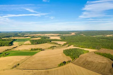 Sunlit patchwork fields and forest in Nivernais 스톡 사진