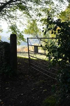 Sunlit Path With Open Metal Gate And Misty Autumn Trees, Black Rocks, Cromford, Foto stock