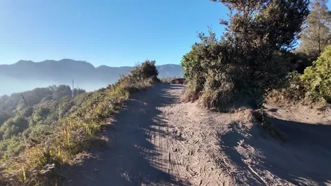 Sunlit path winds through green hills Stock Footage 345135505