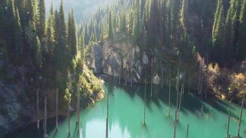 Sunlit pine forest canyon and turquoise Lake Kaindy in Kazakhstan Stock Photos