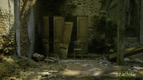 Sunlit puddles reveal aged bricks and weathered patches of space Stock Footage 335594479