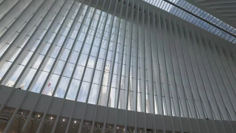Sunlit Ribbed Skylight Inside World Trade Center Oculus Video stock 342593734