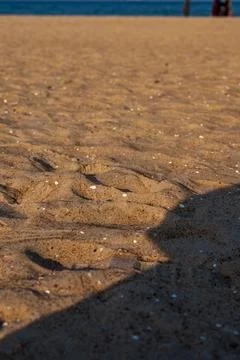 Sunlit rippled beach sand with shells and soft shadow at seaside Stock Photos