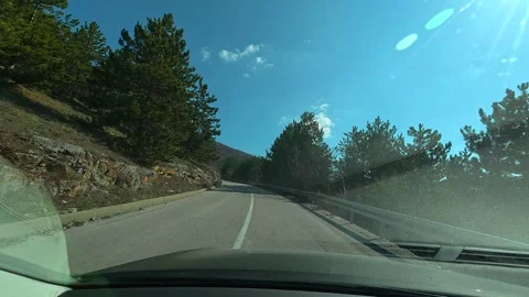 Sunlit road winds through pine forests. Balkan, Eastern Europe, POV Video stock 331782266