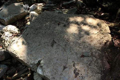 Sunlit rock in a shaded forest with dappled sunlight filtering through foliage Stock Photos
