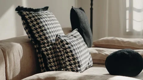 Sunlit Room with Textured Pillows on a Couch Stock Footage 346044578