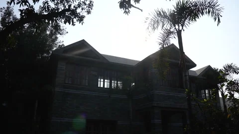 Sunlit Rustic Stone House Amid Palm Trees - Serene Tropical Ambiance Stock Footage 309167334