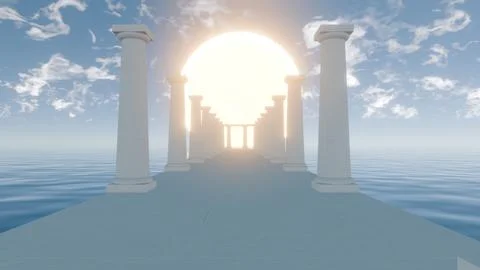 Sunlit Sanctuary: A Mesmerizing 3D Digital Art of Ancient Pillars at Dawn Stock Illustration