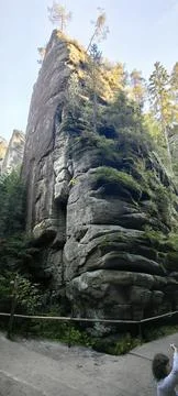 Sunlit Sandstone Tower Pine Trees Adrspach Rock City 4K Stock Photos