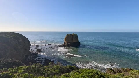 Sunlit Sea Stack Beside Rugged Bush Coastline Stock Footage 337634177