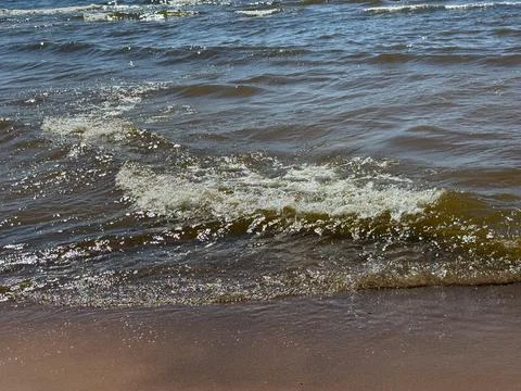Sunlit Sea Waves Breaking on Sandy Beach Shoreline Fotos Stock