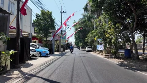 Sunlit street lined with trees and red flags Stock Footage 345156857
