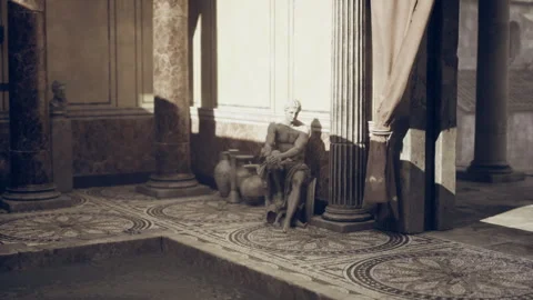 Sunlit study featuring classical sculptures and decorative mosaics Stock Footage 331396899