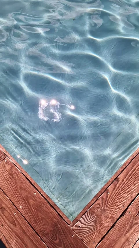 Sunlit Swimming Pool Water Rippling Beside Wooden Corner Decking Stock Footage 339084833