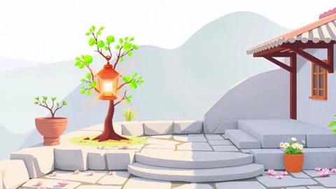Sunlit Terrace Steps: A Peaceful Corner with a Blooming Plant and White Walls Vídeo Stock 317967340