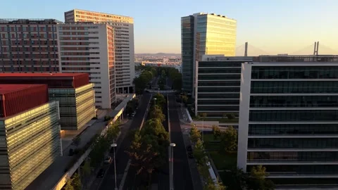Sunlit urban skyline featuring contemporary business towers and greenery Video stock 346070943