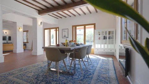 Sunlit Villa Dining Room with Rustic Charm Stock Footage 270055742