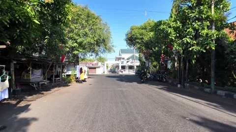Sunlit village road lined with trees and shops Видео 345138779