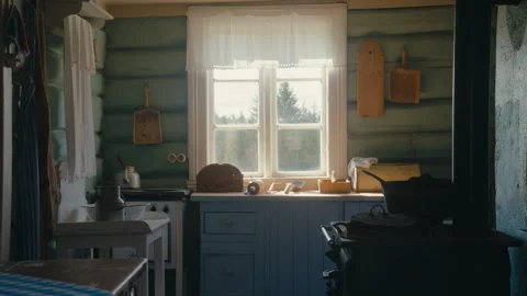 Sunlit Vintage Kitchen Window With Wood Stove Stock Footage 334499509