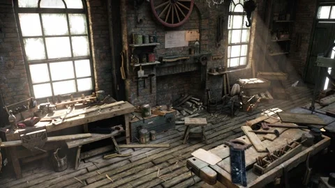 Sunlit Vintage Woodworking Workshop Interior Reveal Stock Footage 342486482