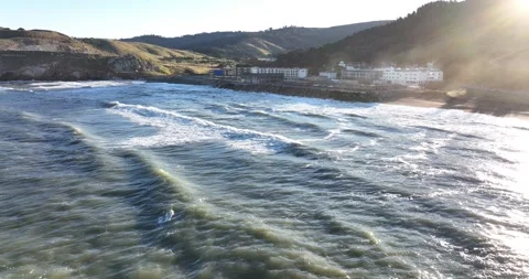 Sunlit Waves and Fog Drone Aerial View Pacifica San Fancisco California USA Video stock 335669197