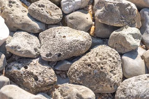 Sunlit weathered rocks with unique textures on a beach Stock Photos