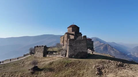Sunlit Winter Views of Jvari Monastery from Above Stock Footage 296235832