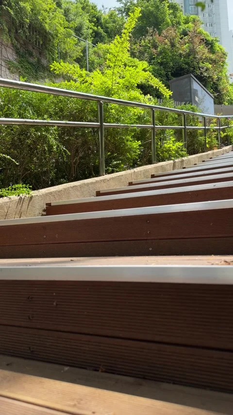 Sunlit Wooden Deck Steps and Greenery on a Summer Park Slope Stock Footage 340420667