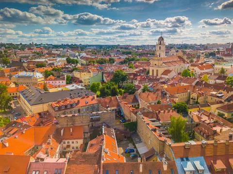 Sunny Aerial Vilnius Old Town aerial view scene, capital of Lithuania Stock Photos