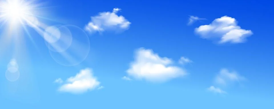Sunny and clouds background Vector, blue sky with white clouds and sun, vec.. Stock Illustration