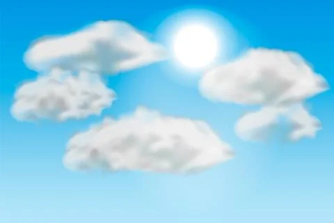 Sunny background, blue sky with white clouds and sun Vector illustration. Illustrazione stock