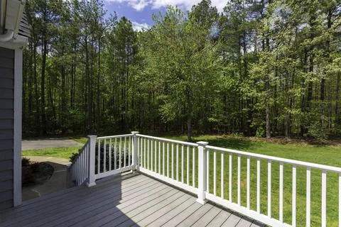 Sunny Backyard Deck With White Railing Overlooking A Vibrant Green Forest. Stock Photos