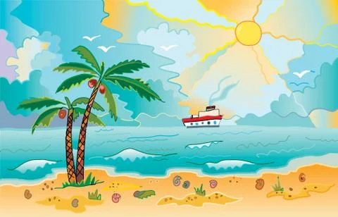 Sunny beach with palms and shells Stock Illustration