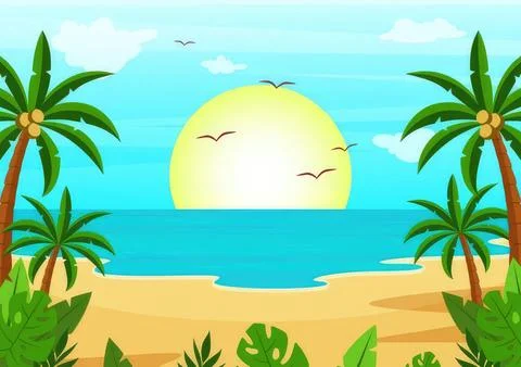 Sunny beach scene with palm trees and ocean view Stock Illustration