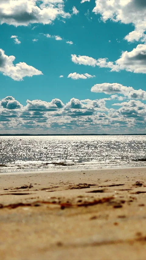 Sunny Beach Scenes with Ocean Waves, Silhouette of a man with a metal detector Stock Footage 309258337