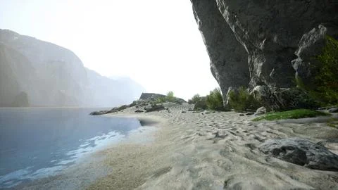 A sunny beach with a stunning cliff backdrop イラスト素材