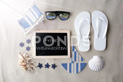 Sunny Blackboard On Sand, Weihnachten Means Christmas Stock Photos
