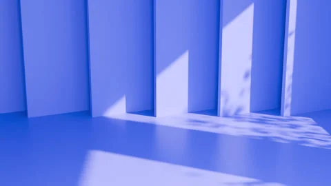 Sunny blue room. 3d render, realistic design. Foliage leaf shadow, sunlight. Video stock 280013217