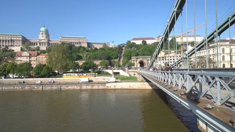 Sunny Budapest Buda Castle City Traffic Quay Danube Joggers Chain Bridge Hungary Stock Footage 102607331