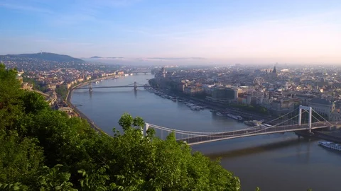 Sunny Budapest Cityscape River Danube Bridges View Point Hill Gellert Hungary Stock Footage 102607153