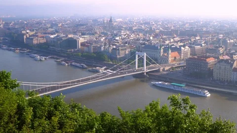 Sunny Budapest Cityscape River Danube Bridges View Point Hill Gellert Hungary Stock Footage 102607196