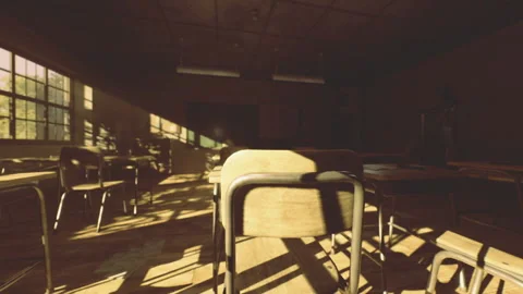 Sunny classroom with shadows. Quiet school hall bathed in sunlight Stock Footage 338342049