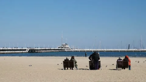 Sunny but cold day at the beach, with the main pier in the background. Stock Footage 336644194