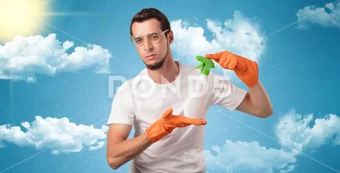 Sunny concept with housekeeper and orange gloves Stock Photos