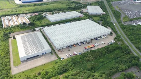Sunny Day Aerial View of Data Centre and Warehouse District in Corby Stock Footage 311616867