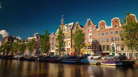 Sunny day amsterdam canal bay panorama 4k time lapse netherlands Stock Footage