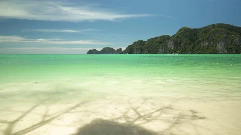 Sunny day on the beach, shadow of tree on ripple wave with seascape Stock Footage 153505790